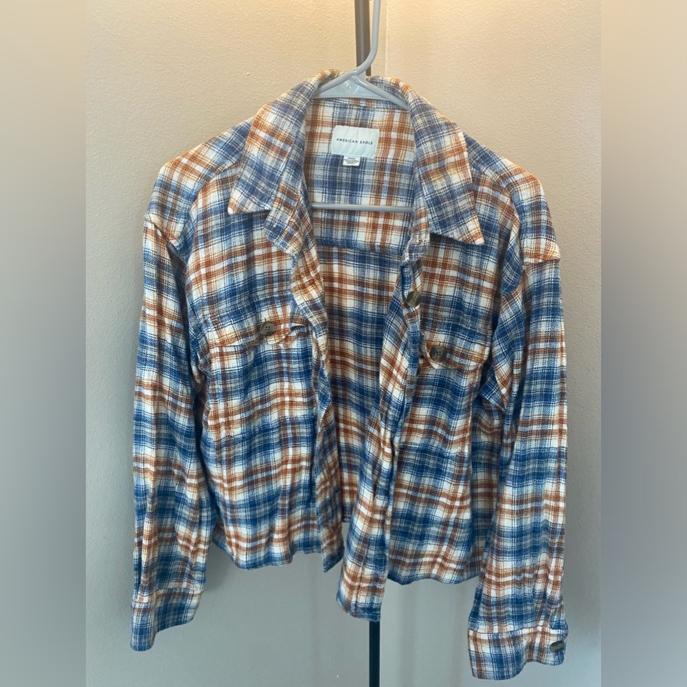 Blue Orange and White Plaid Cropped Flannel